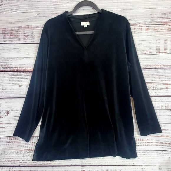 Pure Jill Soft Stretch Velour Tunic Top L Black VNeck Whimsigoth Velvet Spit Hem - Picture 1 of 13